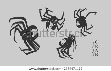 Vector set of images of crabs in traditional oriental style. Calligraphy, ink, brush, sketch, doodle. Black on grey. China, Japan. Restaurant, cafe, fish market, menu. Eps10