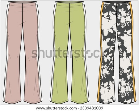 WIDE LEG FLARED FIT BOTTOM WITH SIDE TAPING DETAIL AND MONOCHROME PATTERN PANTS TROUSER DESIGN FOR WOMEN AND TEEN GIRLS IN EDITABLE FILE Royalty-Free Stock Photo #2339481039