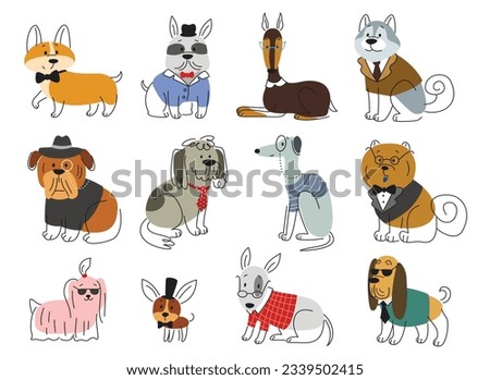 Cute dogs in suit set. Linear lovely puppies in different poses and breeds in hand drawn style. Doodle print with pets in tuxedos for website and app. Cartoon flat vector isolated on white background