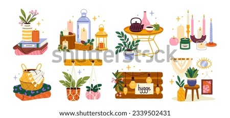 Hygge decoration set. Elements for cozy interior with aroma candles and candlesticks, indoor plants and blanket, coffee table and tea. Cartoon flat vector collection isolated on white background Royalty-Free Stock Photo #2339502431