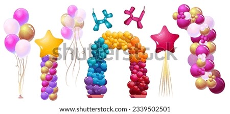 Festive colorful balloons set. Helium balls for holiday and party event, wedding ceremonies and store opening. Izometric 3d realistic rainbow decoration. Cartoon vector isolated on white background