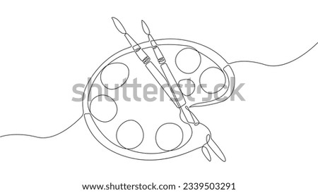 Palette continuous line concept. Paints with brush, set for creativity and art. Hand drawn sketch. Stuio or workshop. Linear flat vector illustration isolated on white background Royalty-Free Stock Photo #2339503291