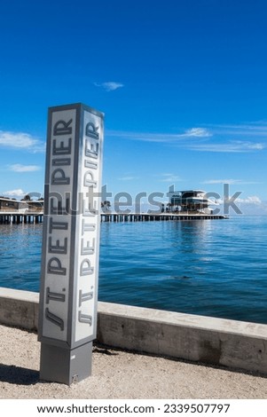 St. Petersburg Pier or St. Pete Pier Sign. Tampa Bay, Downtown St. Petersburg, Florida, United States.