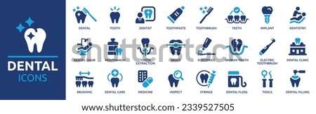 Dental icon set. Containing tooth, dentist, toothpaste, toothbrush, teeth, implant and dentistry icons. Solid icon collection. Vector illustration. Royalty-Free Stock Photo #2339527505