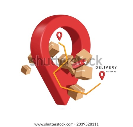 parcel box or cardboard box,  buy icon, yellow delivery route, all place on top of a large red location pin, vector 3d isolated for ecommerce, logistics, delivery, online shopping concept design