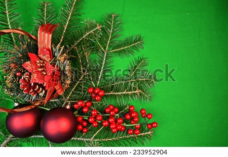 green xmas background card - firs branches basket chestnuts - autumn leaf 
