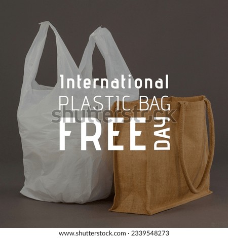 International plastic free bag text over jute bag and plastic bag against gray background. digital composite, social issues, sustainable resources and plastic free concept.