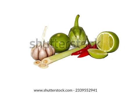 Close up picture of lemon,chili and garlic in white background.concept isolated of vegetable of photo