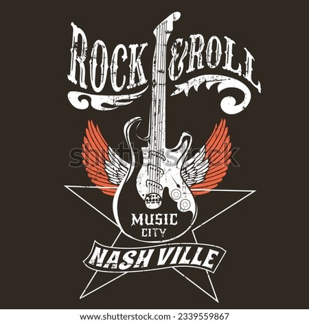 black Rock and roll vintage vector graphics artwork for tee, sweat shirt , hoody , guitar wing, Rock and roll vintage t shirt design. Thunder with eagle wing vector artwork for apparel, stickers.