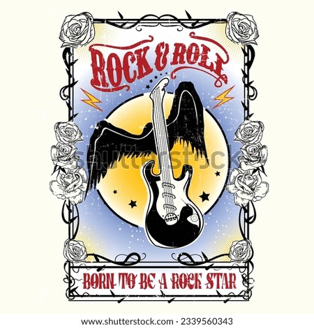 VINTAGE ROCK AND ROLL, Rock and roll vintage t shirt design. Thunder with eagle wing vector artwork for apparel, stickers, posters, background and others. Rock tour vintage artwork.