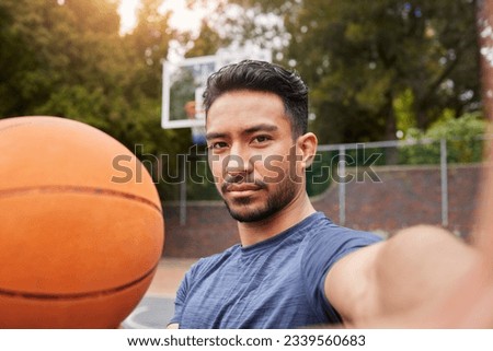 Man, basketball player and portrait selfie on court for social media, fitness blog or training match vlog. Face, pov or Mexican athlete with ball for exercise, workout and sports photography in games