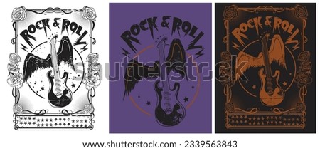 rock and roll vintage graphics, wing guitter and rose vector, Rock and roll vintage vector graphics artwork for tee, sweat shirt , hoody , guitar wing, rose, love spark, Rock and roll vintage t shirt  Royalty-Free Stock Photo #2339563843