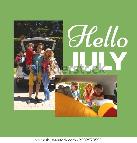 Hello july text banner against caucasian family going on a picnic in the car. summer season concept