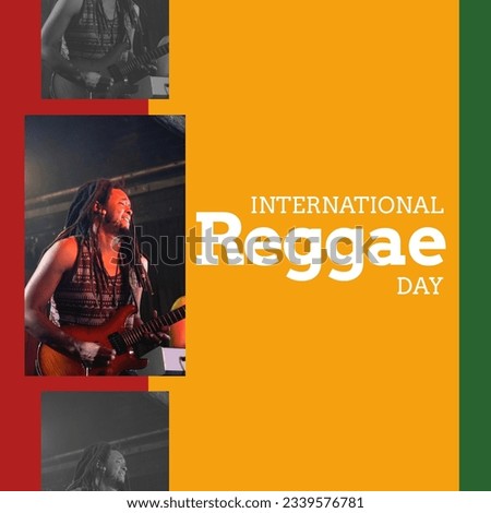Collage of african american mid adult man playing guitar in concert with international reggae day. text, copy space, image montage, celebration, music, reggae and jamaican culture.