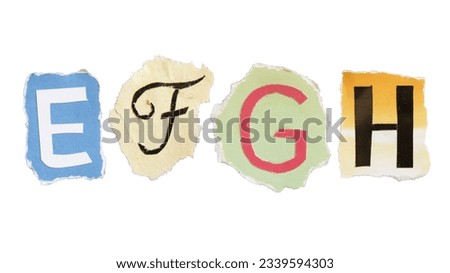 E, F, G and H alphabets on torn colorful paper with clipping path. Ransom note style letters.