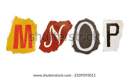 M, N, O and P alphabets on torn colorful paper with clipping path. Ransom note style letters. Royalty-Free Stock Photo #2339595011