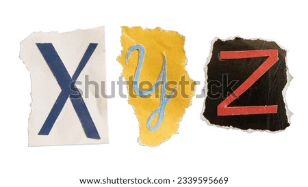 X, Y and Z alphabets on torn colorful paper with clipping path. Ransom note style letters. Royalty-Free Stock Photo #2339595669