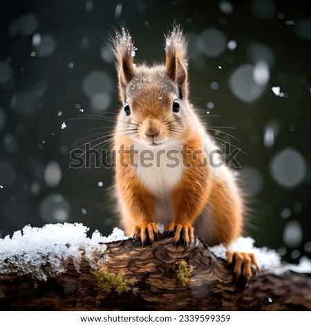 Squirrel in winter season on a tree.