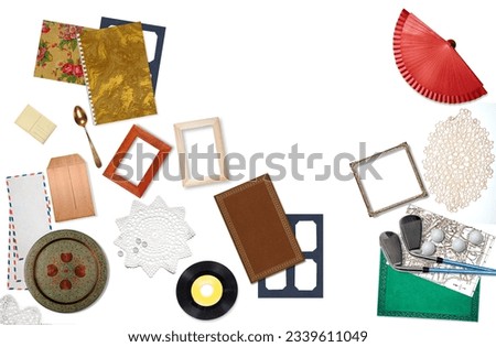 Several old objects on white background with spece for your logo or text. 