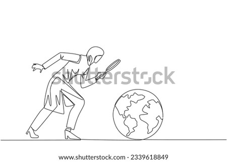 Single one line drawing Arabian businesswoman holding magnifying glass looking at globe. Analyze and map the territory to open the new business. Growing business. Continuous line graphic illustration