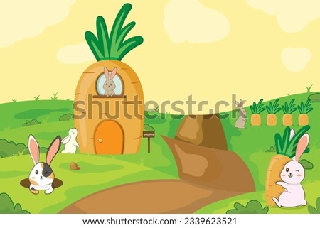 Carrot Patch Bunny vector illustration Cartoon landscape with cute bunnies living in a carrot house. Village vector background, cute rabbit. Illustration of Houses Designed as a carrot.