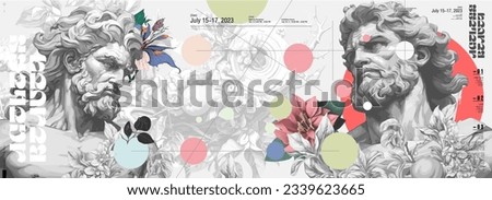 A painting with ancient Greek gods. Antique style. Vector banner. Sculptures of gods on the background of orchards. Vectorized watercolor paintings for the interior. Royalty-Free Stock Photo #2339623665