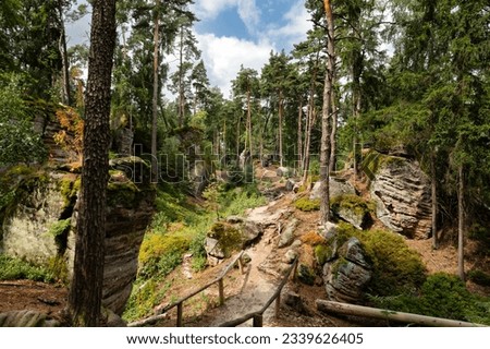 Hiking trail through forest and sandstone rocks in Prachov Rocks, Bohemian Paradise, Czech Republic Royalty-Free Stock Photo #2339626405