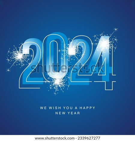 Happy New Year 2024 line and bold light blue neon shining typography with sparkle firework on blue isolated background icon logo Royalty-Free Stock Photo #2339627277