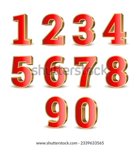 3d red numbers with golden outline. Symbol set. Vector illustration