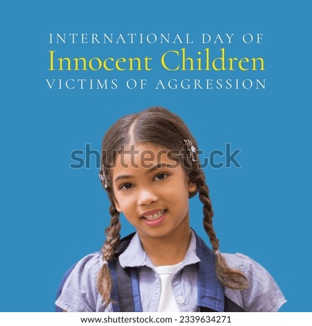 International day of innocent children victims of aggression text with asian schoolgirl. blue background, copy space, digital composite, rights of children, protection, social issues, awareness.