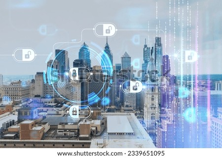 Aerial panorama city view of Philadelphia financial downtown at day time, Pennsylvania, USA. Decentralized economy. Blockchain, cryptocurrency and cryptography concept, hologram