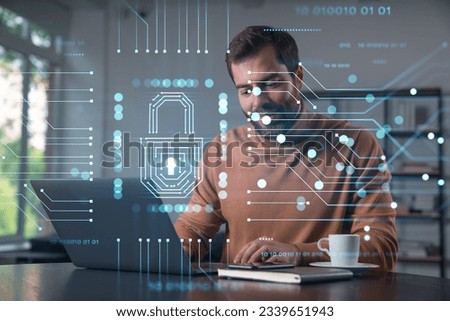 Thoughtful businessman in casual wear typing on laptop at office workplace. Concept of hard work, business education, internet surfing, information technology. Lock hologram.