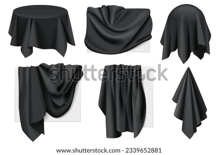 Black covers of objects with drapery set vector illustration. 3D realistic isolated hidden presentation with golden silk or satin cloth on black sheet of rectangular, square, sphere and round table Royalty-Free Stock Photo #2339652881