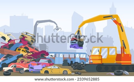 Junkyard with cars and metal scrap vector illustration. Cartoon city scrapyard landscape background with salvage works, truck with crane dismantling abandoned auto and car waste for recycling plant