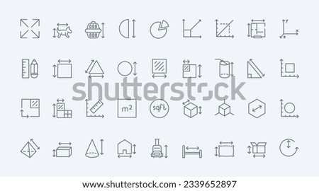Size measure thin black line icons set vector illustration. Outline infographic pictograms of measurement of room area and geometric shapes, baggage and pet carrier, delivery box dimensions with ruler