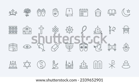World religions thin black line icons set vector illustration. Outline symbols, holy books and temples of Buddhism and Christianity, Islam and Judaism, religious pictograms collection for praying Royalty-Free Stock Photo #2339652901