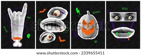 Set of Halloween posters. Halftone hand palm, pumpkin, eyes and lips with doodles. Collection of trendy vector flyers in collage style. Halloween posters with halftone collage elements and doodles.