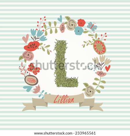 Grass letter L in floral frame. Lillian - name that starts with L.