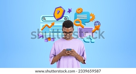 African man typing in smartphone, diverse colorful web icons with lock shield, settings and speech bubble. Search bar and web page in internet. Concept of online safety and data protection