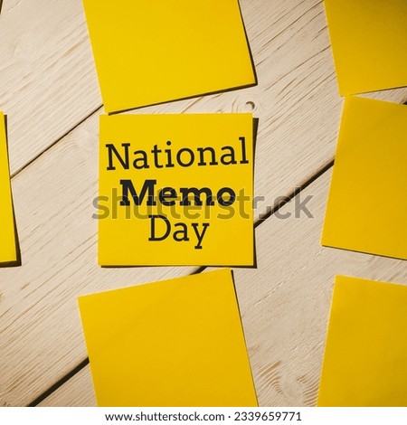 Composite image of national memo day text with yellow adhesive notes on wooden table, copy space. reminder, business, memorandum, event and communication concept.