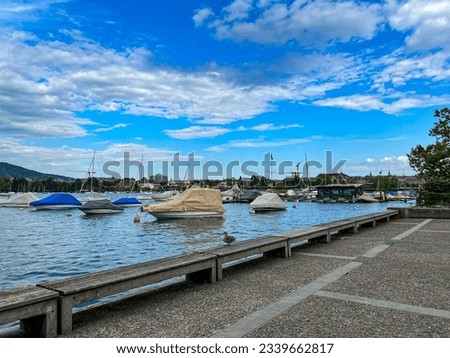 Panoramic view of the Zurich lake promenade in summer Royalty-Free Stock Photo #2339662817
