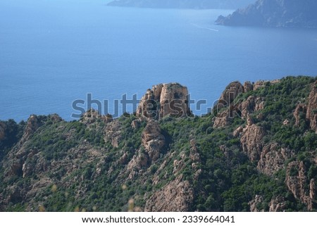 Corse, Corsica, Piana - aerial view over rock formations Les calanches de Piana Royalty-Free Stock Photo #2339664041