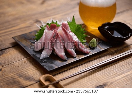 Hamachi sashimi and beer for dinner