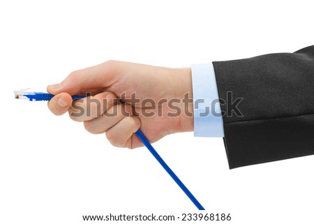 Computer cable in hand isolated on white background