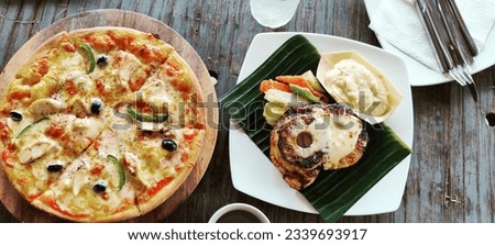 Different types of foods pictures like meat, sweet, cappuccino coffee,cake, buffet etc.