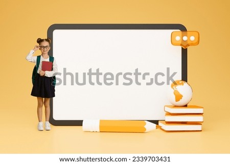 Online Homework. Nerdy Schoolgirl In Eyeglasses Posing With Big Tablet Computer Empty Screen, Standing With Book And Backpack Near Digital Touchscreen On Yellow Background. Collage