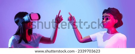 Digital Avatar Interaction. Young Woman in Goggles Exploring Augmented Reality and Interacting with 3D Character in Futuristic VR World, Pointing Fingers Up On Purple Background, Panorama