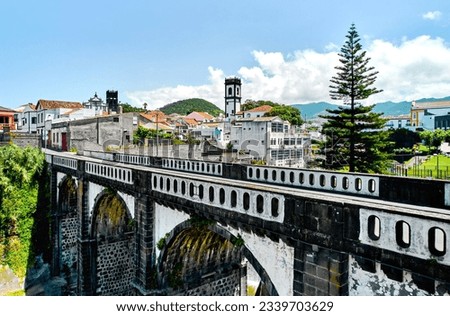 Aerial shot, drone point of view of Ribeira Grande town in the Ponta Delgada island. Sao Miguel, Azores, Portugal. Travel destinations and tourism concept Royalty-Free Stock Photo #2339703629