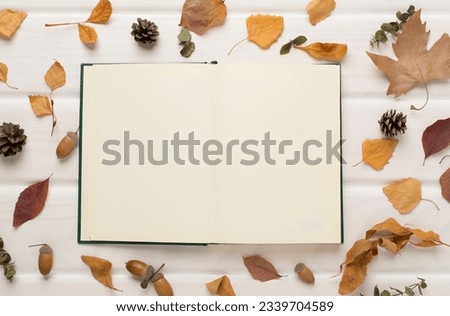 Autumn leaves with notebook on wooden background, top view