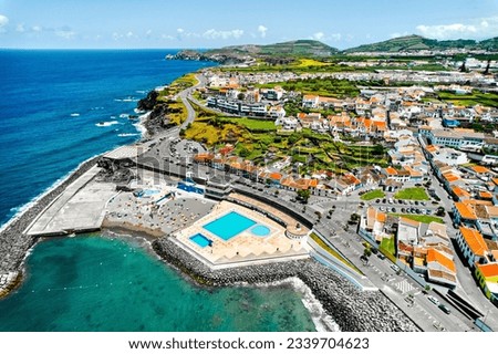 Aerial shot, drone point of view of Ribeira Grande town in the Ponta Delgada island. Sao Miguel, Azores, Portugal. Travel destinations and tourism concept Royalty-Free Stock Photo #2339704623